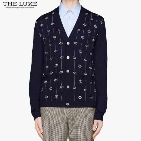  Áo Cardigan Gucci Xanh Navy Mono Trắng 