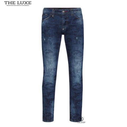  Quần Jeans Philipp Plein Xanh Rằn Ri Logo Túi Sau 