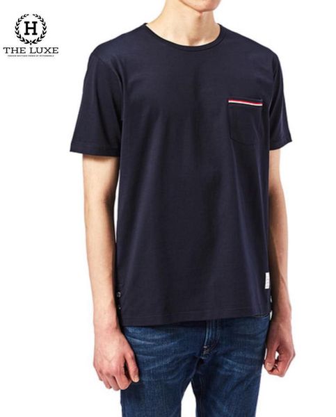 T-Shirt Thom Browne xanh navy check túi ngực