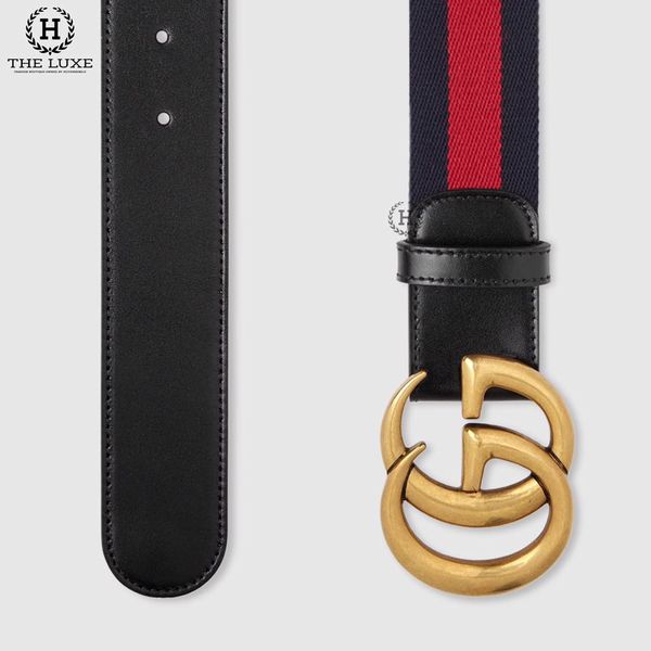 Belt Gucci Xanh Navy Đỏ Chữ Lồng Vàng