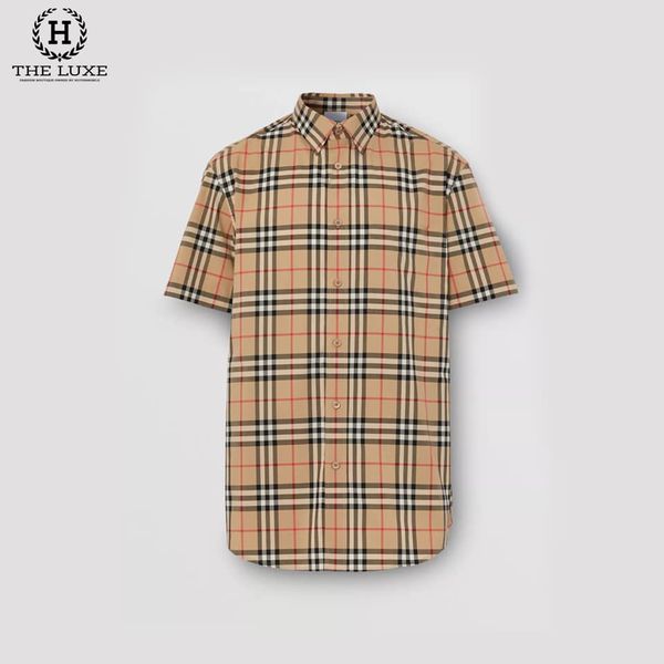 Sơ Mi Burberry Cộc Tay Màu Camel Kẻ Đỏ Nhỏ