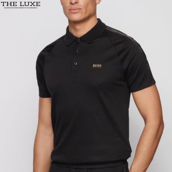 Polo Hugo Boss Đen Tag Ngực Cầu Vai Vàng