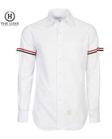  Sơ mi Thom Browne trắng dài tay vải Oxford kẻ 2 bên 