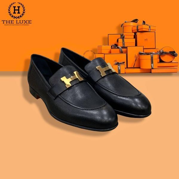 Loafer HERMES Paris Da Bê Đen Sân Chữ H Vàng