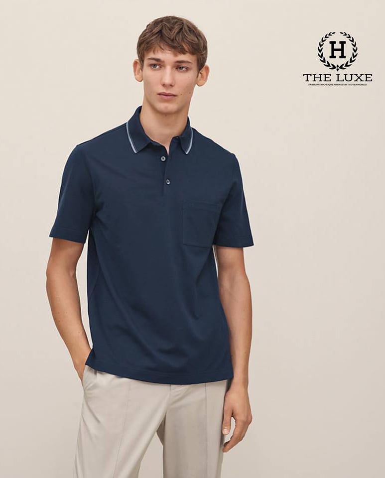 Polo Hermes xanh navy viền cổ ghi