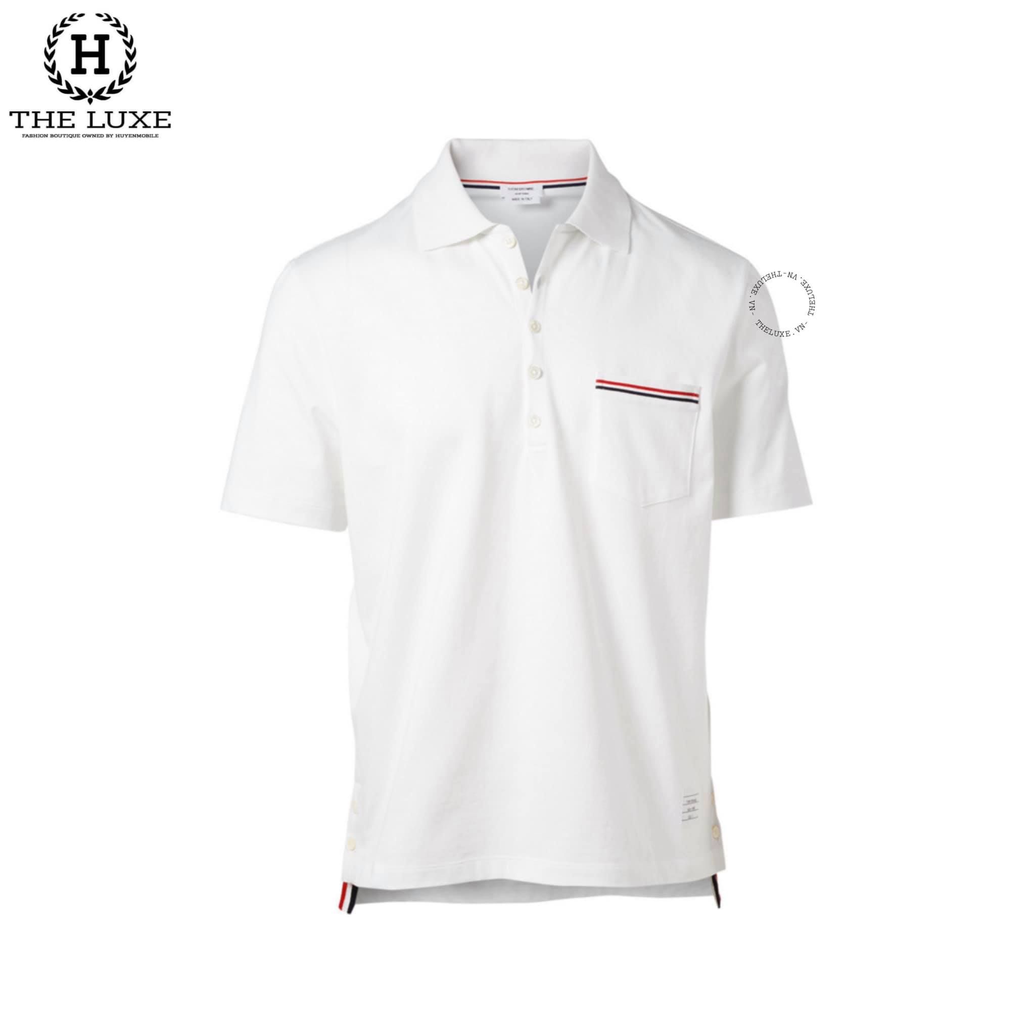 Polo THOM BROWNE Trắng Túi Ngực