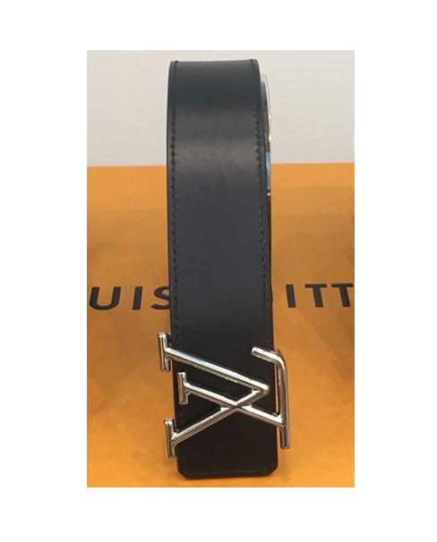 Belt Louis Vuitton đen trơn/nâu vàng chữ lồng trắng