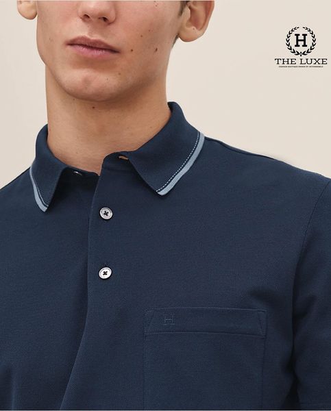 Polo Hermes xanh navy viền cổ ghi