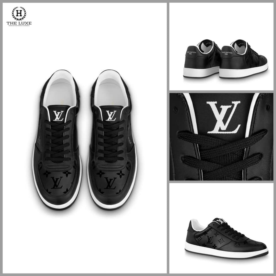 sneaker Louis Vuitton Rivoli vân mono đen bóng đế trắng