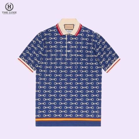  Polo Gucci xanh navy họa tiết xích trắng 