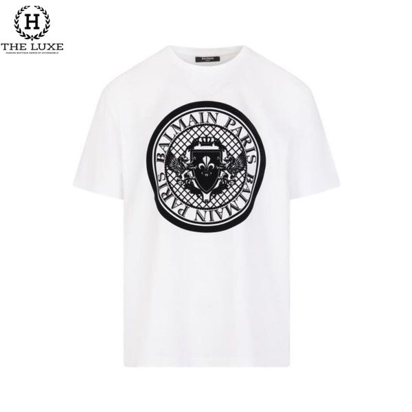 T-shirt Balmain trắng họa tiết đen nhung