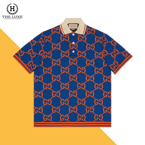  Polo gucci len xanh navy họa tiết cam 