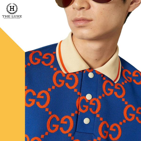 Polo gucci len xanh navy họa tiết cam