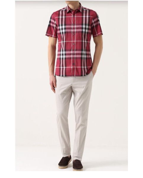 Short-sleeved Check Stretch Cotton Shirt Plum Pink