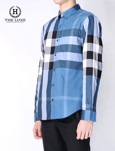 Sơ mi Burberry dài tay Lupin Blue check lệch