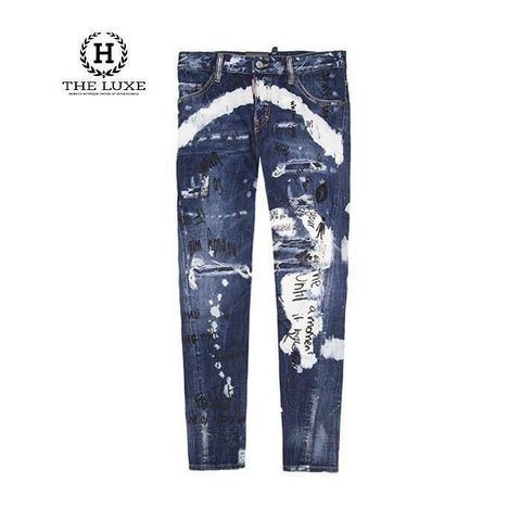  Jeans Dsquared2 xanh rách loang trắng 