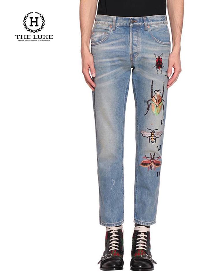 Quần Jeans Gucci Tapered With Insect Embroidery Limited 2019