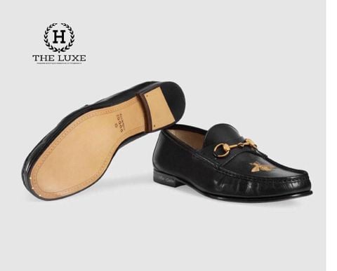  Loafer Gucci Đen Da Trơn Tag Xích Vàng Ong Vàng 