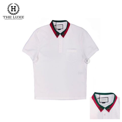  Polo Gucci Trắng Cổ Xanh Đỏ Ong Đá 