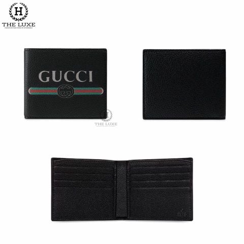  Ví Ngắn Gucci Đen Logo Chữ Vạt Cờ 