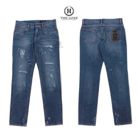  Quần Jeans Dolce & Gabbana Rách Thêu Ong Đá Túi Sau 