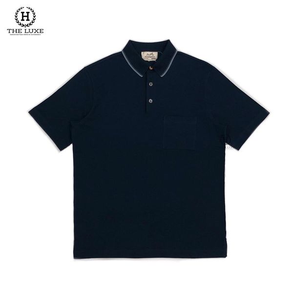 Polo Hermes Xanh Navy Viền Cổ Xanh Túi Ngực