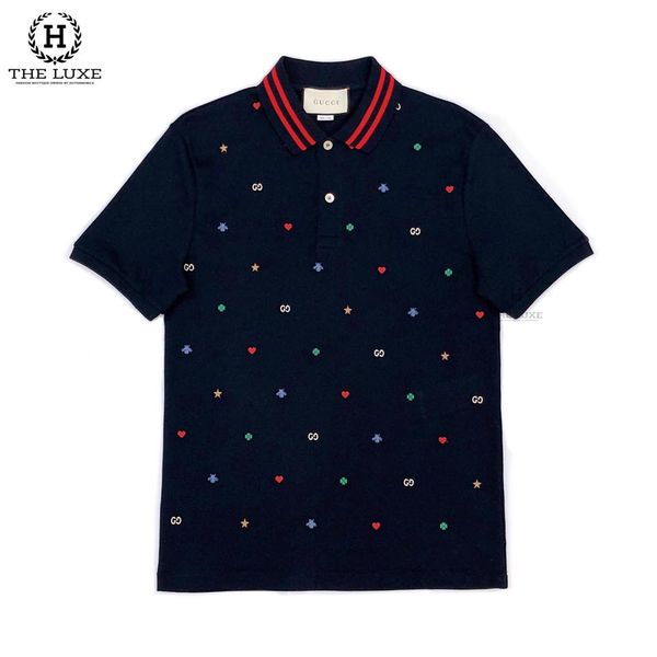 Polo Gucci Xanh Navy Viền Cổ Nhiều Họa Tiết