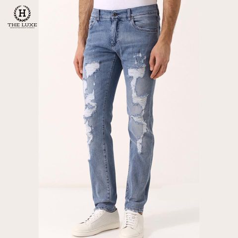  Quần Jeans Dolce & Gabbana Xanh Rách Hoạ Tiết Báo 