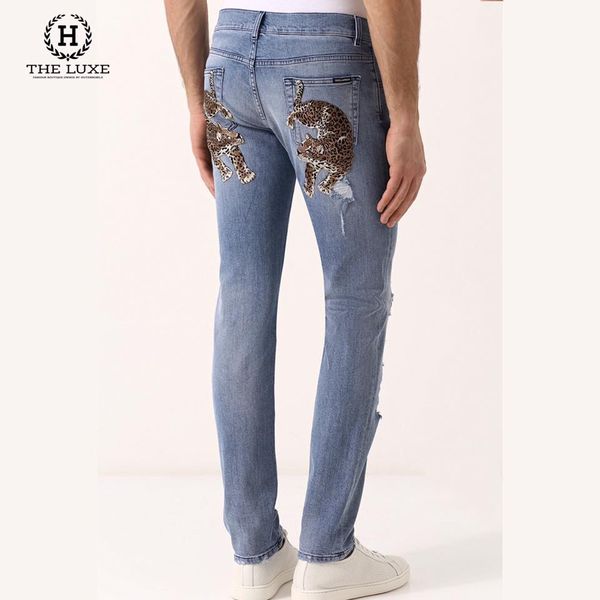 Quần Jeans Dolce & Gabbana Xanh Rách Hoạ Tiết Báo