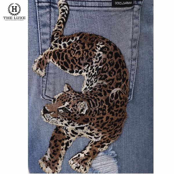 Quần Jeans Dolce & Gabbana Xanh Rách Hoạ Tiết Báo