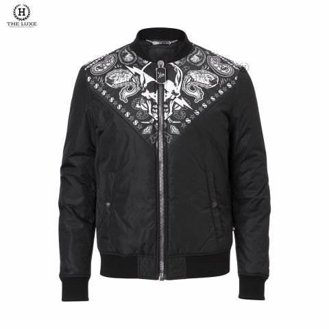  Áo Khoác Bomber Jacket Philipp Plein Đen Hoạ Tiết 