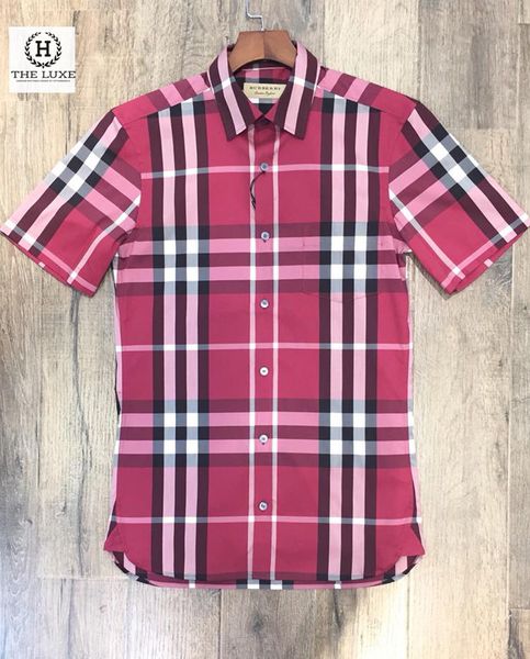 Short-sleeved Check Stretch Cotton Shirt Plum Pink