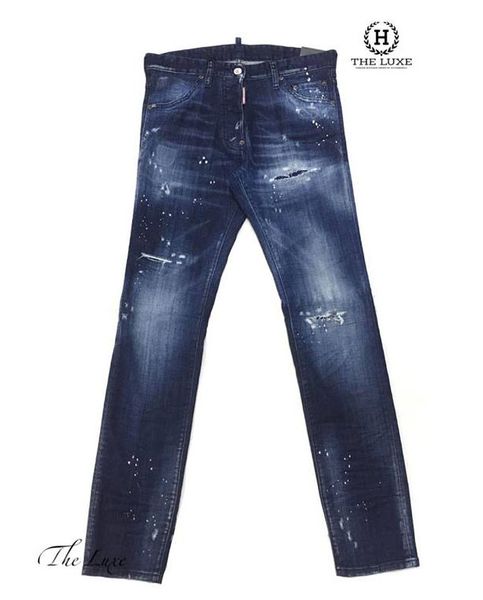 Jeans DSQ2 dáng cool quy màu xanh vảy sơn rách nhẹ tag da túi sau