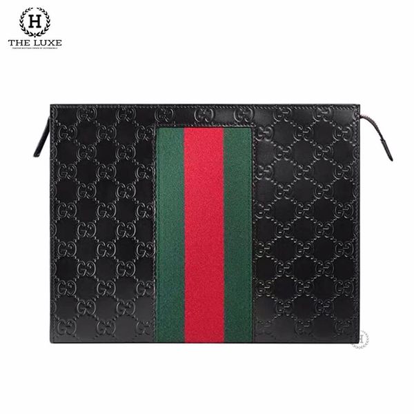 Pochette Gucci Đen Mono Đen Phối Vạt Cờ