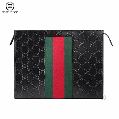  Pochette Gucci Đen Mono Đen Phối Vạt Cờ 