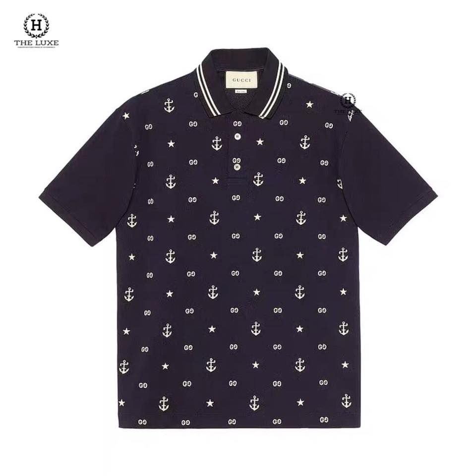 Polo Gucci Navy Họa Tiết Mỏ Neo Viền Cổ