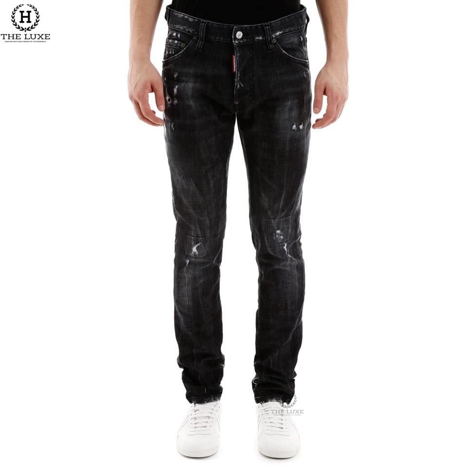 Jeans Dsquared2 Đen Ghi Tag Da Chữ Trắng Rách Nhẹ