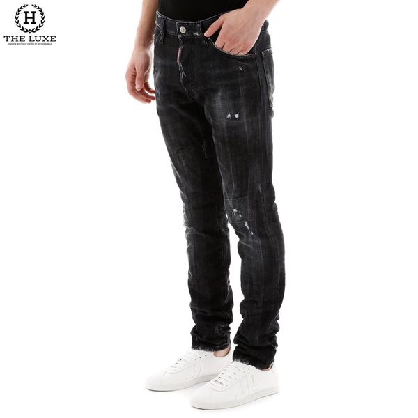 Jeans Dsquared2 Đen Ghi Tag Da Chữ Trắng Rách Nhẹ