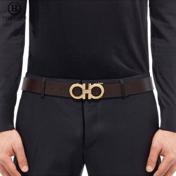 Belt Salvatore Đen - Nâu Mặt Vàng Bản 4cm