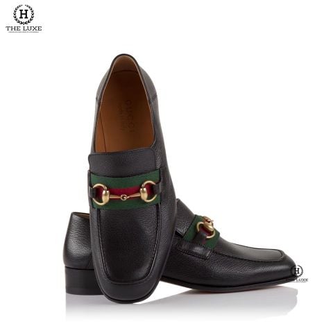  Loafer Gucci Đen Sần Mũi Vuông Tag Xích Vàng 