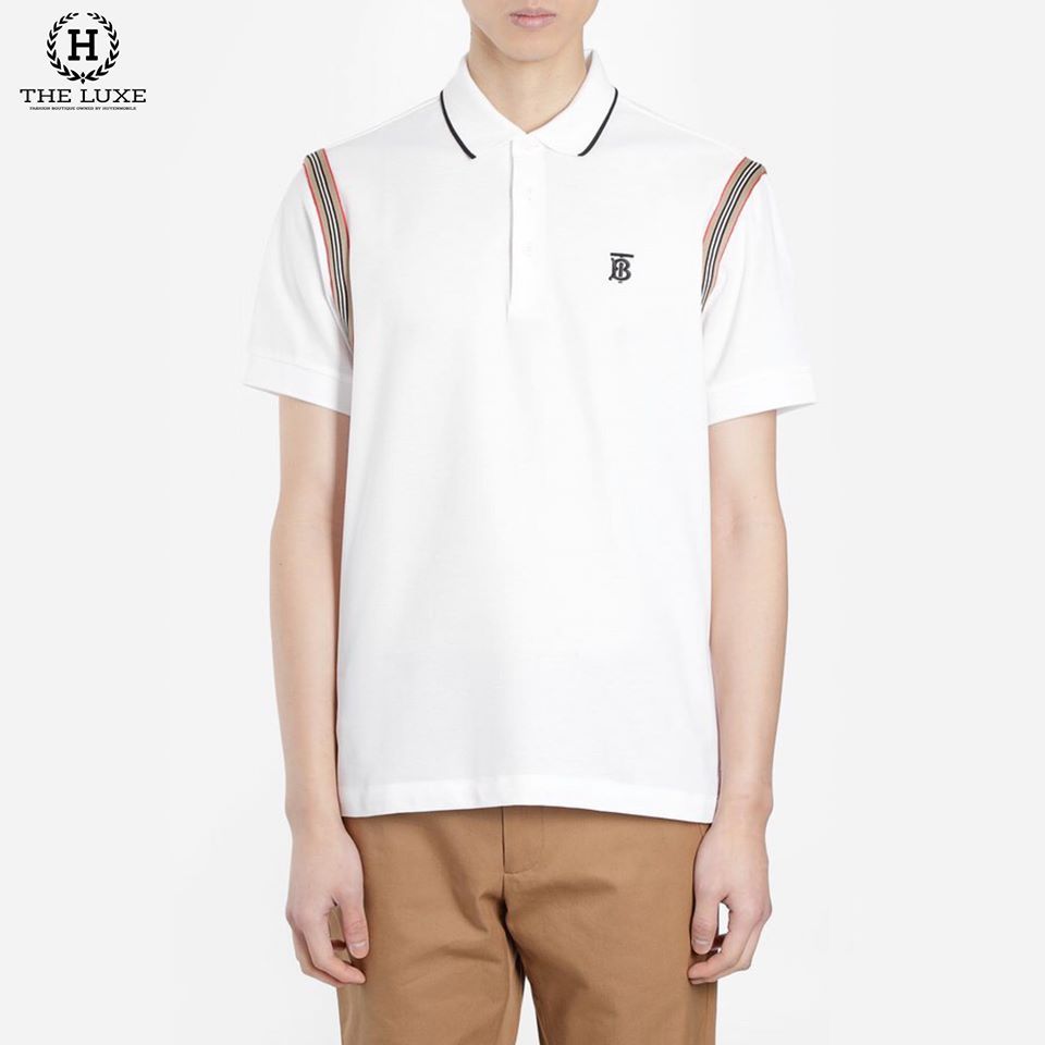 Polo Burberry Trắng Tag TB Ngực Check Vai