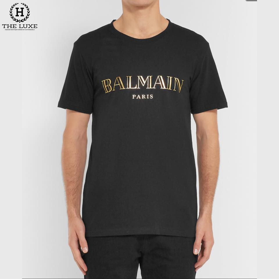 T-shirt Balmain Đen Chữ Ngực Vàng