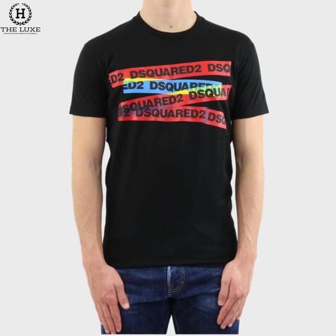  T-shirt Dsquared2 Đen Chữ Ngực Nhiều Màu 