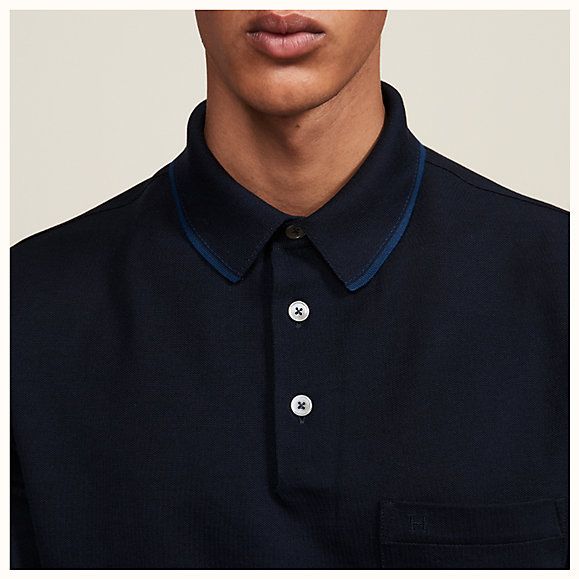 Polo Hermes Xanh Navy Viền Cổ Xanh Túi Ngực