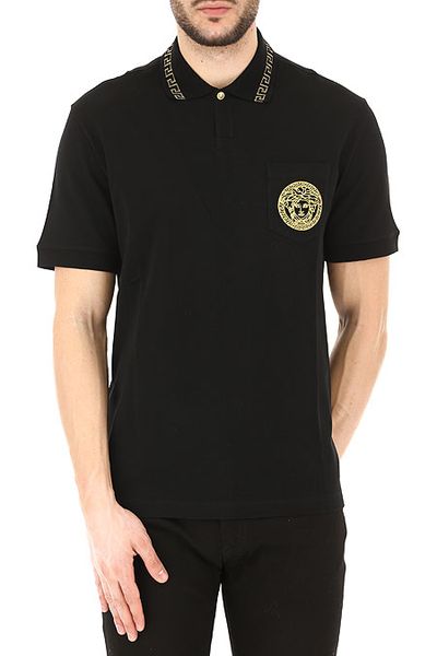 Polo Versace Đen Thêu Túi Ngực Medusa