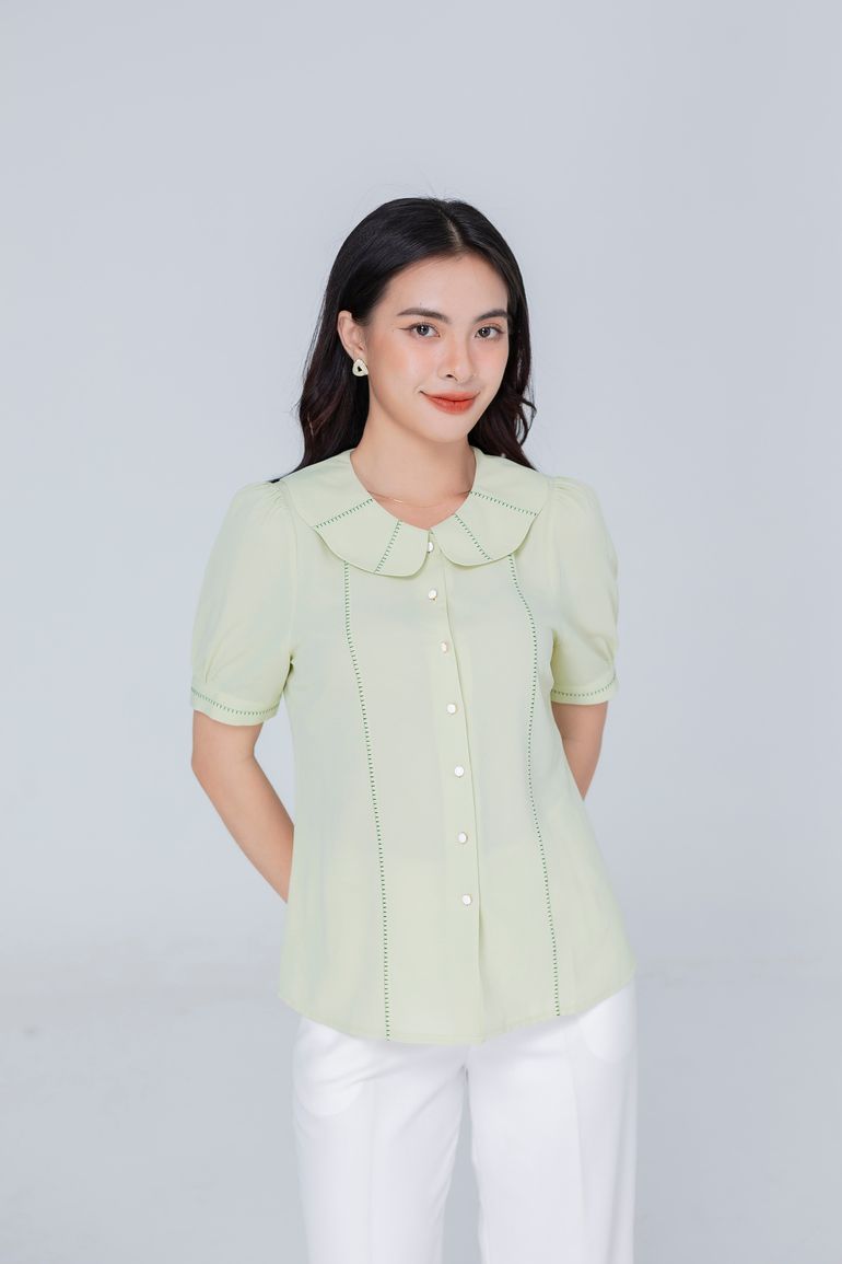 Áo sơ mi cổ sen phối nơ tiểu thư
