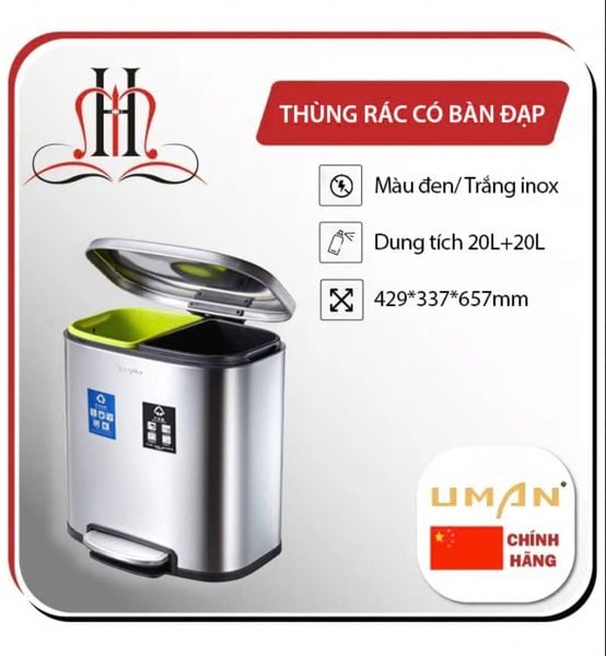  Thùng rác inox 2 ngăn HM 8236B Dung tích 20L + 20L 