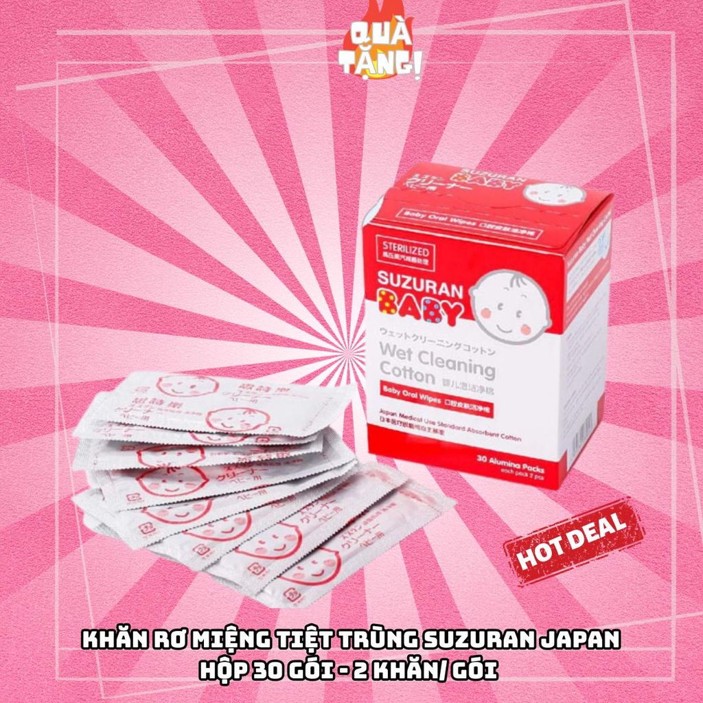  (Tặng khẩu trang xô)Khăn Rơ Miệng Tiệt trùng Suzuran size 7x7.5cm - 30tui/ hộp Cho Bé 