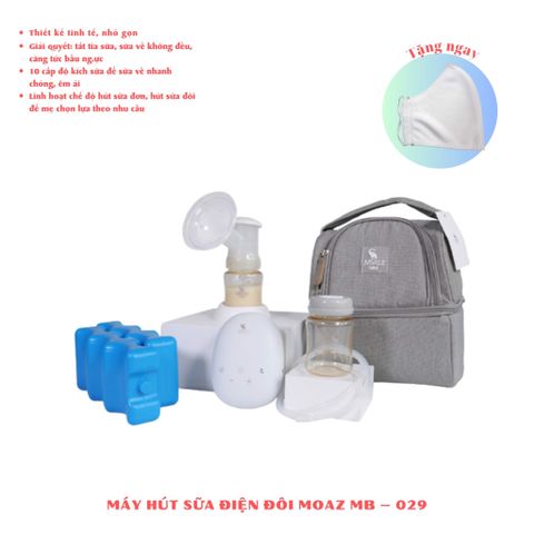 (Tặng 1 khẩu trang xô)-Máy hút sữa điện đôi Moaz MB029 - bảo hành 18 tháng