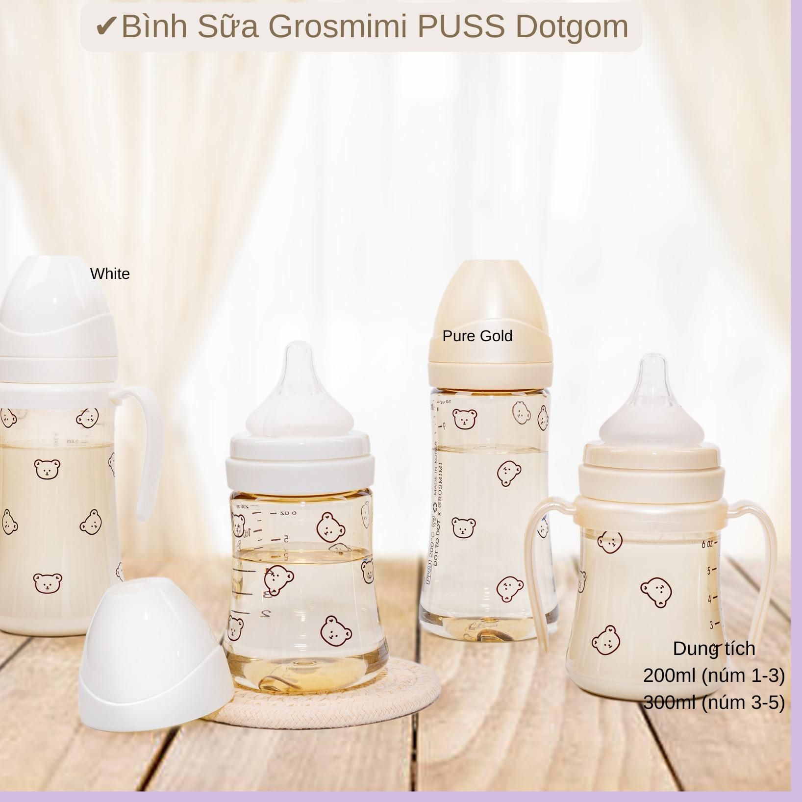  Bình Sữa Grosmimi PUSS Bear / Cherry / Olive 200-300ml full box nội địa Hàn 